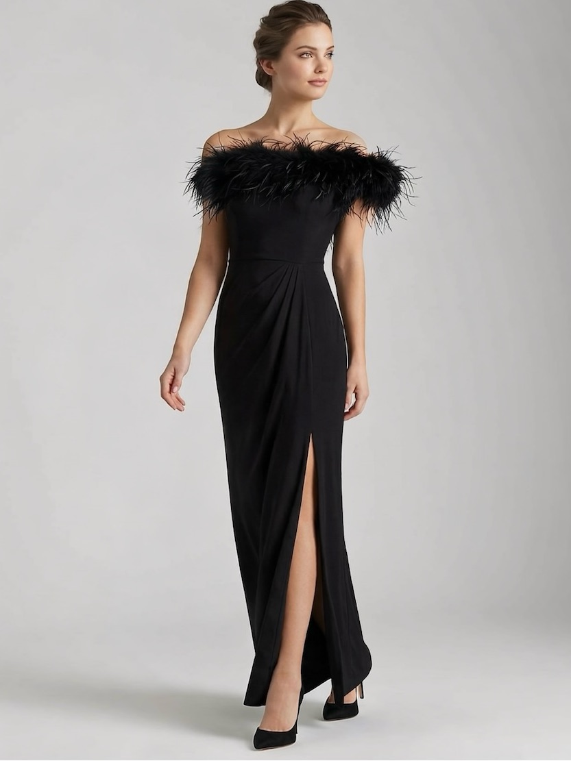 Alex Evenings Feather Trim Off-Shoulder Evening Gown Black Size 6 Nwt